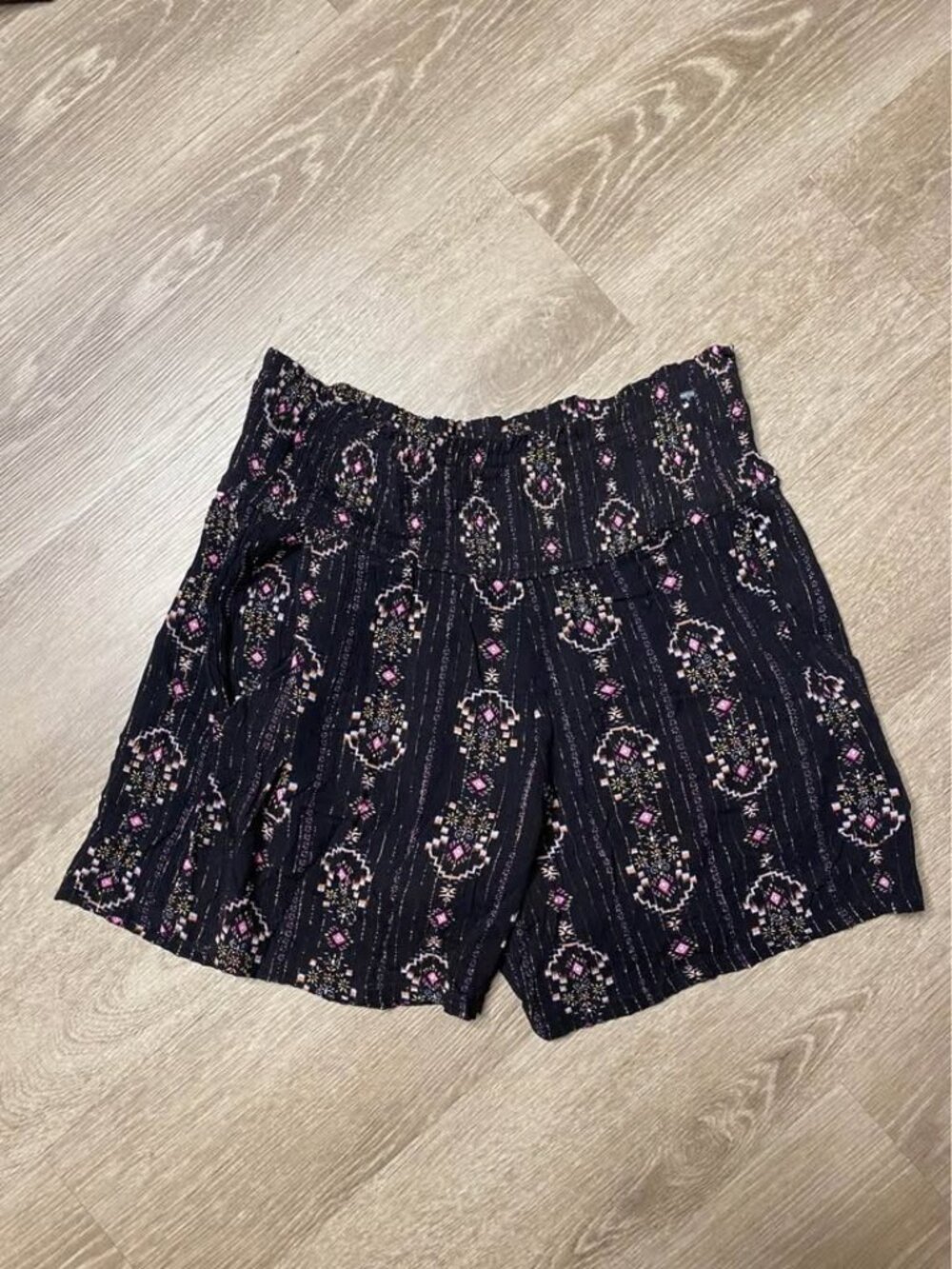 Three Dots Black Glitter Shorts with Pink Patterned Design, Smocked Waist, Size